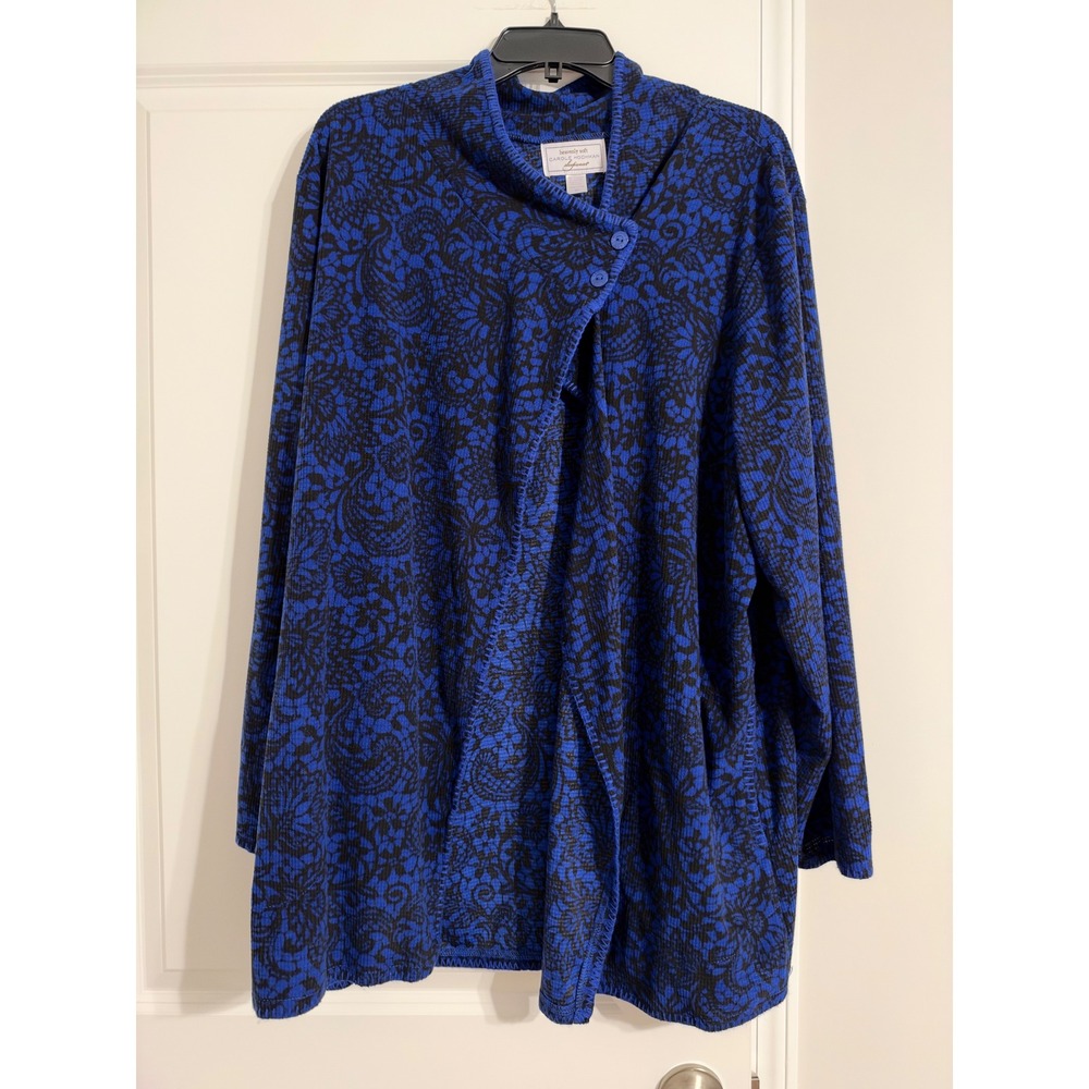 Carole Hochman Cardigan Women 2X Blue Excellent Floral Damask Ribbed Sleepwear